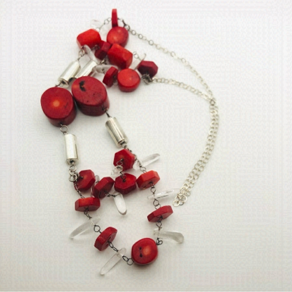 VINTAGE Sterling Coral & Rock Crystal Chunky Statement Necklace 23” - Picture 2 of 10